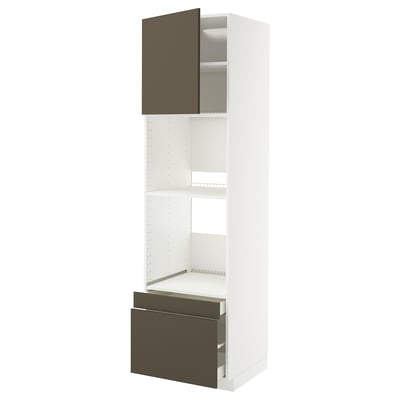METOD kitchen unit, tall white cabinet with dark brown drawers and doors, with adjustable shelves.