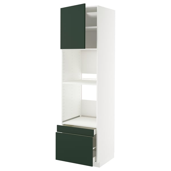 Modern white kitchen cabinet with high gloss green drawers & doors; shelves, adjustable shelf, soft-close drawers.