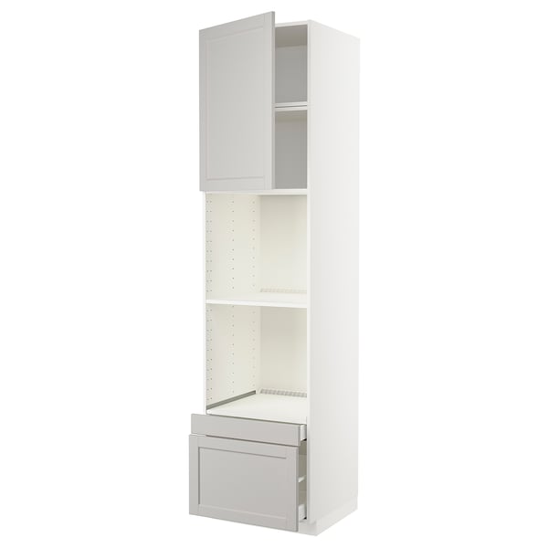 White METOD cabinet with grey lerhyttan fronts, beveled edges, traditional design, sturdy frame, smooth drawers.
