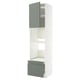 Option: A METOD kitchen unit with a tall cabinet in white and grey-green doors. The unit has shelves and drawers for storage.