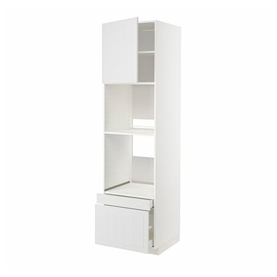 White METOD kitchen unit; tall, open shelves, top cabinet, two drawers.
