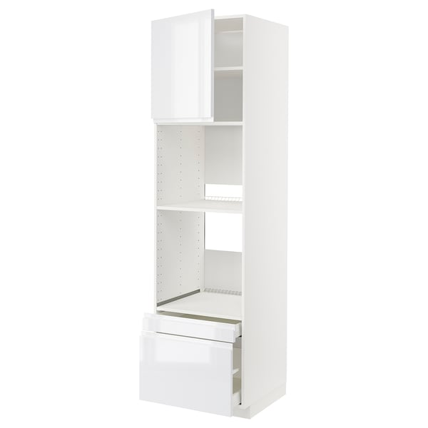 White METOD kitchen unit with glossy drawer and shelves, modern and sleek design.