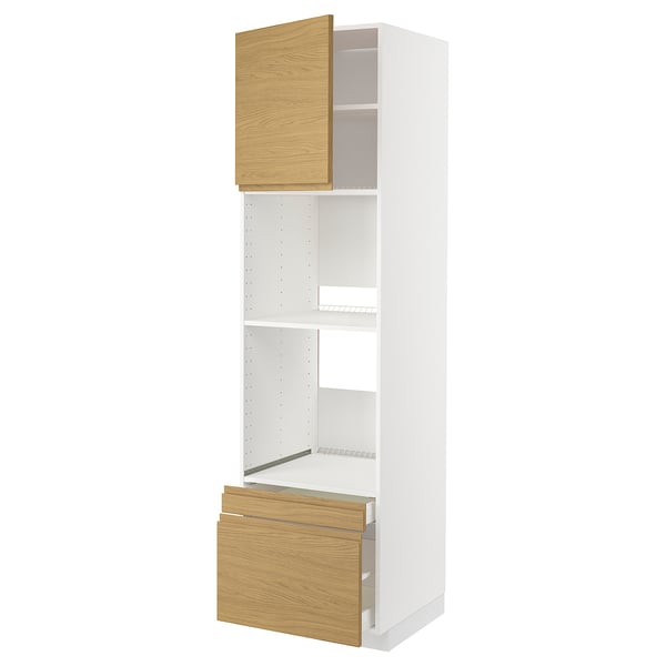White refrigerator with oak facade and wooden handles.