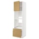 White refrigerator with oak facade and wooden handles.