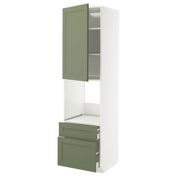 Modern kitchen cabinet in green-white with adjustable shelves, soft-close drawers.
