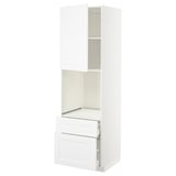 White METOD kitchen unit, tall with shelves and drawers, sleek modern design.