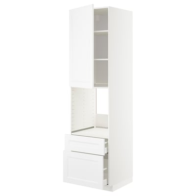 White METOD kitchen cabinet with pull-out shelf and drawers, modern design.