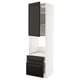 Black and white kitchen unit with drawers and shelves. Modern design with bevelled edges. Tall, rectangular structure.