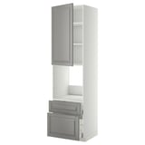 A white and grey kitchen cabinet set from the METOD system, featuring a door, drawers, and an open shelf section, with a sleek, modern design.