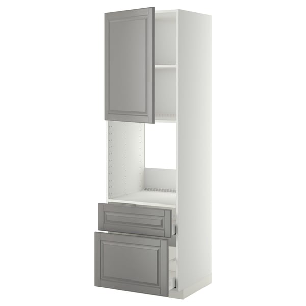 A white METOD kitchen unit with grey bodbyn cabinets and drawers, featuring a door and two drawers.