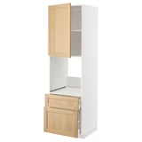 Modern white kitchen cabinet with wooden drawers & adjustable shelves.