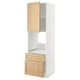 Modern white kitchen cabinet with wooden drawers & adjustable shelves.