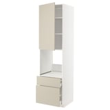 Beige METOD kitchen unit with drawers and shelves.