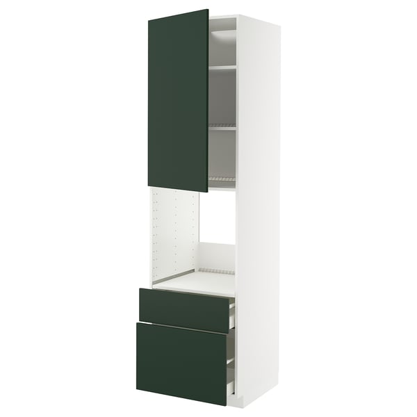 Modern kitchen unit with green doors and white frame, tall and narrow.
