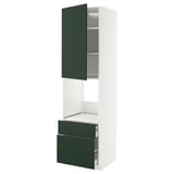 Modern kitchen unit with green doors and white frame, tall and narrow.