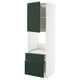 A modern white kitchen cabinet with dark green drawer and door accents. It an open cabinet with drawers and shelf space.