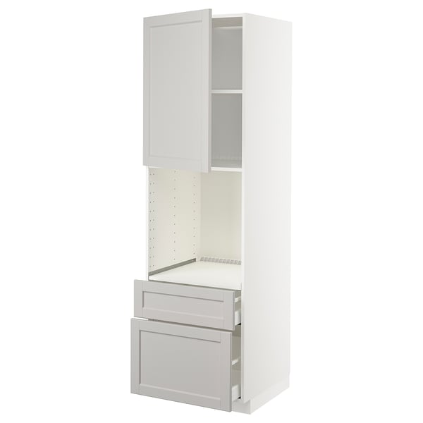METOD tall white kitchen unit with open doors and drawers, light gray fronts.
