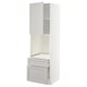 METOD tall white kitchen unit with open doors and drawers, light gray fronts.
