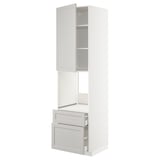 White METOD kitchen unit with light grey lerhytte front, bevelled edges, multiple shelves, and two drawers.