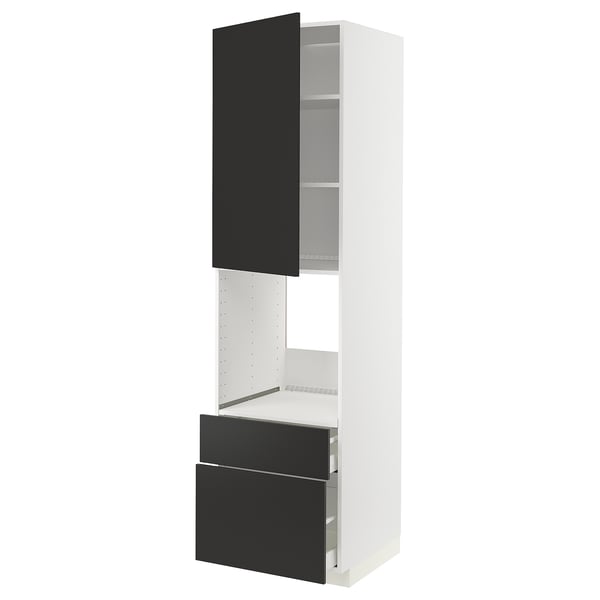 Vertical METOD cabinet with black & white doors, shelves, drawer, and cupboard.