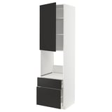 Vertical METOD cabinet with black & white doors, shelves, drawer, and cupboard.
