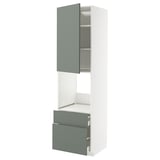 A modern, white kitchen cabinet with grey-green doors and a drawer. It a sleek, tall design with adjustable shelves and smooth-running drawers.