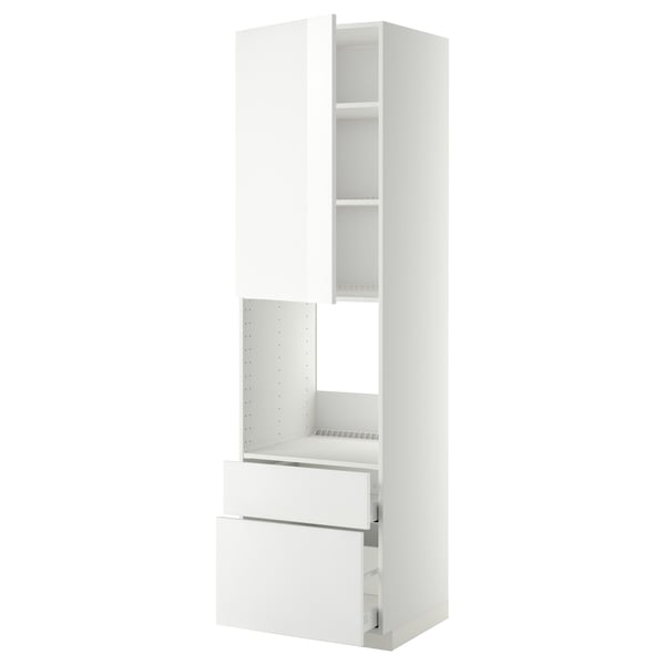 White METOD kitchen unit, modern, glossy finish, tall with shelves and drawers.