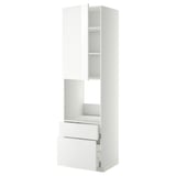 White METOD kitchen unit, modern, glossy finish, tall with shelves and drawers.