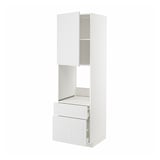 A white METOD kitchen cabinet system featuring a tall unit with open shelves, drawers, and a crafted design.