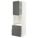 A modern white and dark grey kitchen cabinet with a door and two drawers. It integrated handles and a sleek design.