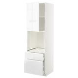 A modern white high gloss kitchen cabinet with doors and drawers.