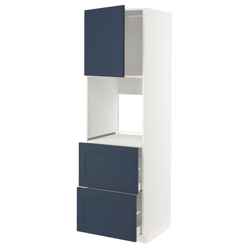 A white METOD kitchen cabinet with blue doors and drawers, and an open shelf.