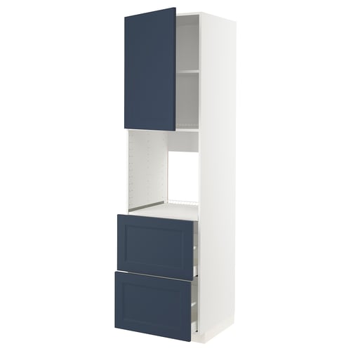 METOD kitchen unit in blue and white. Drawers and cabinet with open door.