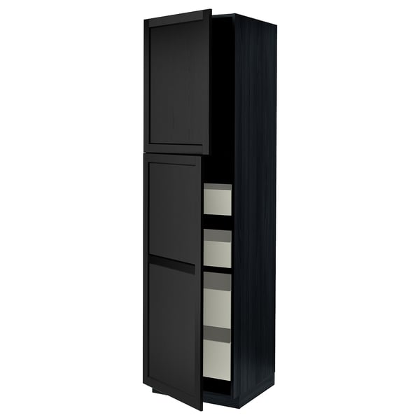 Black cabinet with bevelled edges, two open doors revealing shelves.