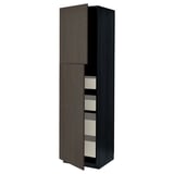 An ikea METOD kitchen cabinet. Its tall, dark brown, with wooden edges, and has a mixture of shelves and drawers.