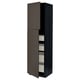 An ikea METOD kitchen cabinet. Its tall, dark brown, with wooden edges, and has a mixture of shelves and drawers.