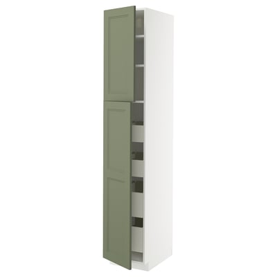 Ikea METOD grey-green cabinet with pull-out shelves.
