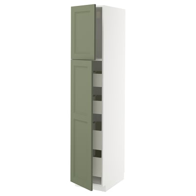 Vertical kitchen cabinet with green doors and white frame.