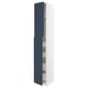 Vertical white METOD cabinet with navy blue doors, sleek and modern design.