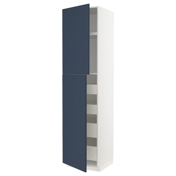 A tall, white METOD kitchen cabinet with blue doors and multiple shelves, featuring a modern, sleek design.