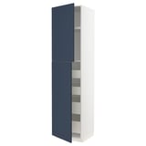 A tall, white METOD kitchen cabinet with blue doors and multiple shelves, featuring a modern, sleek design.