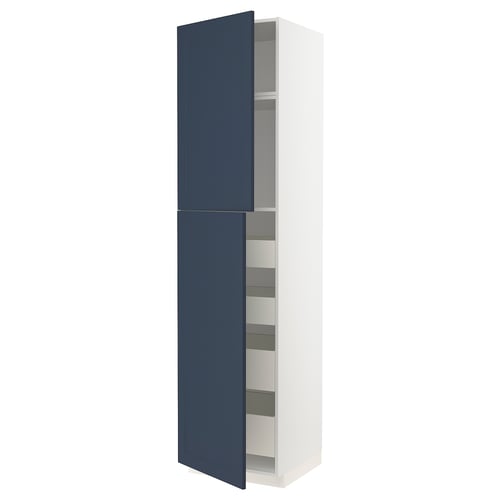 A tall, white METOD kitchen cabinet with blue doors and multiple shelves, featuring a modern, sleek design.