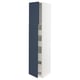 METOD kitchen cabinet in blue, tall and slim, with white frame, multiple shelves, plastic foil doors.