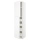 A white METOD kitchen cabinet with open doors, revealing adjustable shelves inside.