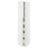 A white METOD kitchen cabinet with a sleek, modern design, featuring multiple adjustable shelves and a sturdy frame construction.