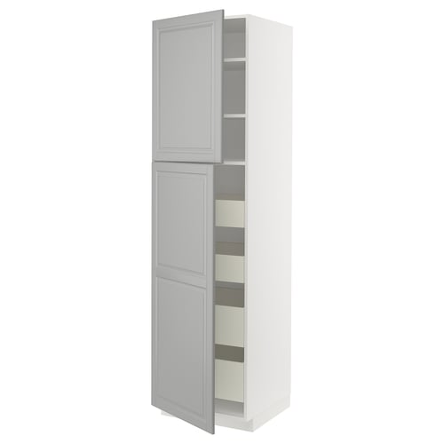 Grey kitchen cabinet by METOD, tall, double door, open, with drawers inside.