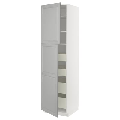 Gray kitchen cabinet by METOD, tall, double door, open, with drawers inside.