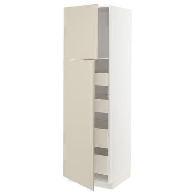 White METOD kitchen cabinet with beige doors & inner shelves. Tall, rectangular, modern design.