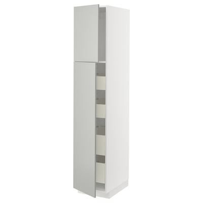 Modern grey METOD wall cabinet, tall with multiple shelves, sleek design.