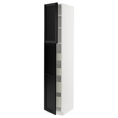 Modern white cabinet with black stained doors, featuring beveled edges and glass shelves.